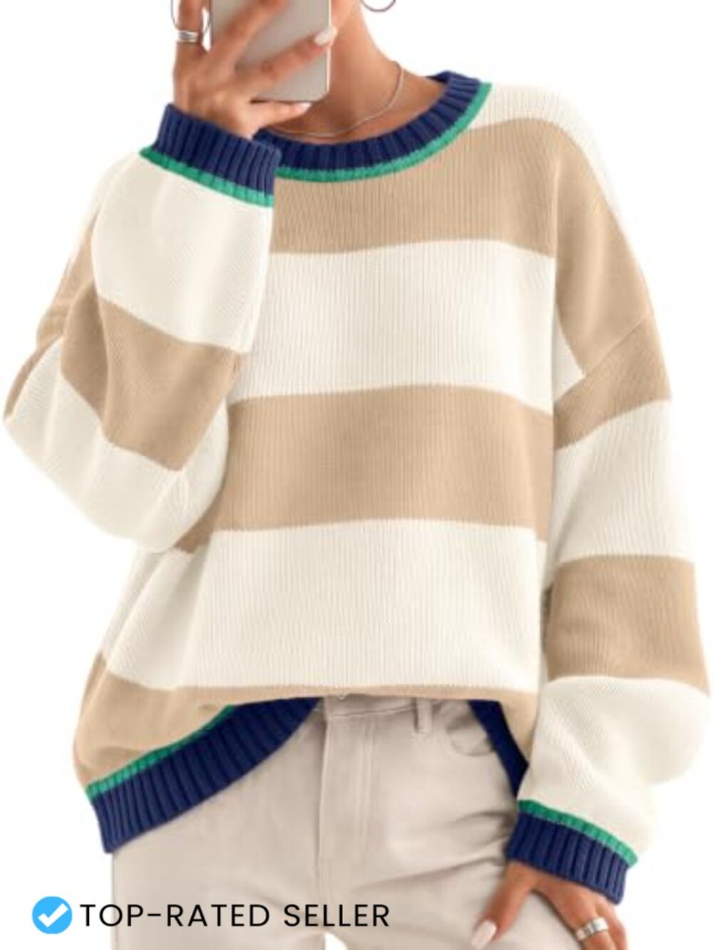 Oversized Striped Crewneck Cotton Acrylic Pullover Sweater